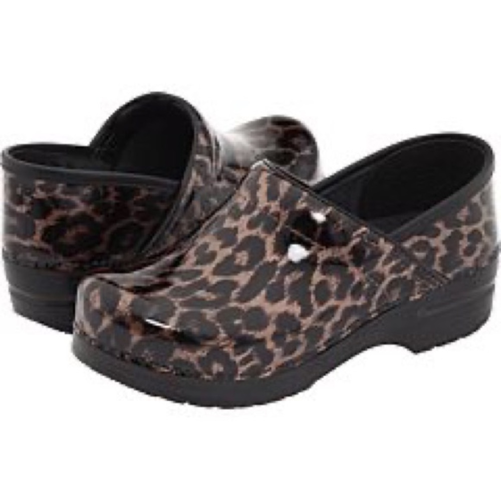 Dansko Professional Brown Leopard Patent Clogs